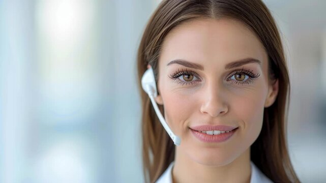 Service with a Smile: A close-up portrait of a woman, radiating confidence and warmth, wears a headset, her smile inviting and professional. Her eyes reflect dedication and a commitment to assistance.