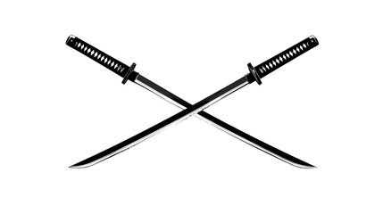 Crossed swords illustration, black and white. Detailed design of two crossed blades against a plain background