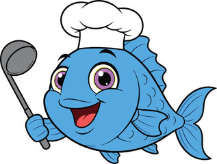 Cute cartoon chef fish character holding ladle spoon smiling isolated vector illustration for restaurant mascot seafood cooking concept design