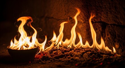 A vibrant fire burns brightly in a dark setting