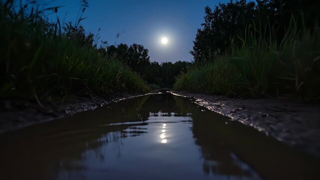 Serene Night Scene of Moon Reflected on Calm River.