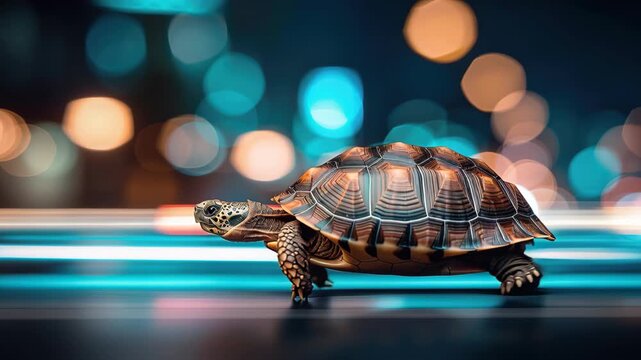 Tortoise Journey: A resilient tortoise embarks on a nighttime adventure, navigating through the blurred lights of an urban environment. Symbolizing slow but steady progress.