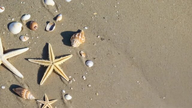 Seashells and Starfishes on the shore:  A collection of seashells and starfish, gently scattered on the damp, golden sands of a tranquil shore.  A scene of pure serenity and natural beauty.