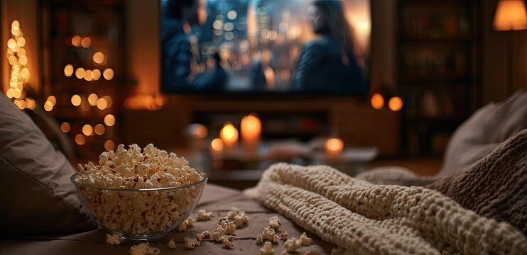 Cozy Evening Movie Night with Popcorn and Warm Blanket.