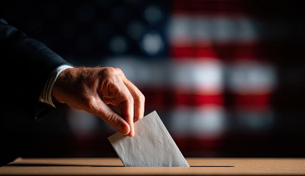 Hand casting a ballot into a ballot box with American flag background.