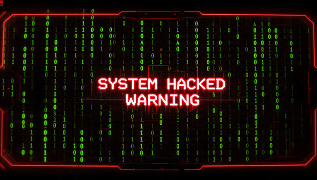 Cyber attack alert with system hacked warning message displayed on futuristic digital screen with binary code and neon red borders indicating security breach