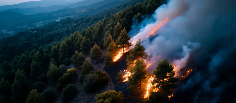 Aerial drone top view of an active forest fire burning through a maritime pine woodland (Pinus pinaster) in Guadalajara, Spain, orange flame front moving along dry undergrowth, thi