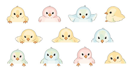 Fototapeta premium Collection of cute cartoon chicks with different colors and expressions