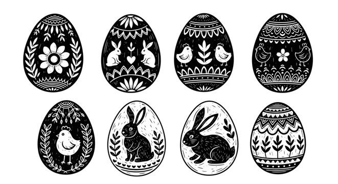 Set of decorative easter eggs with floral and animal patterns
