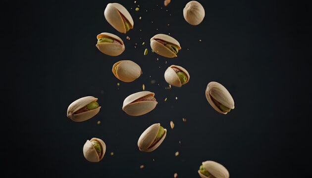 Fresh pistachio nuts floating mid-air, a delicious and healthy snack. They look appealing with their vibrant green color
