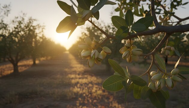Scenic view of a pistachio farm bathed in the warm glow of the setting sun