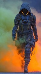 Cyberpunk Soldier Walking Through Colored Smoke