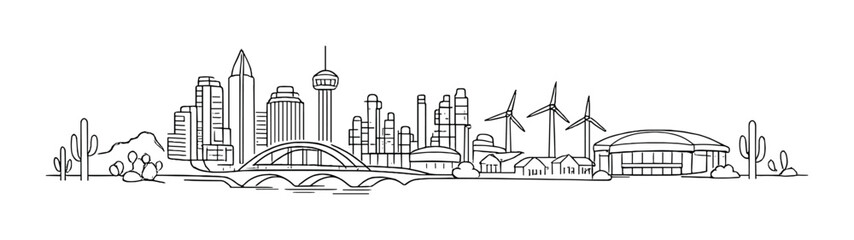 City skyline with wind turbines and stadium on riverfront desert