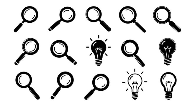 Collection of magnifying glass icons and lightbulb symbols for ideas