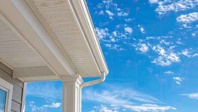 Close-up of a house gutter system against a bright blue sky.