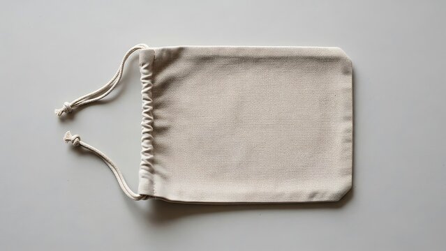 Simple Drawstring Bag of Beige Cloth on a Gray Background, Top Down View