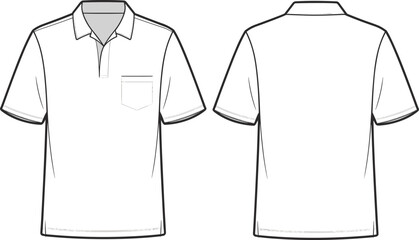 Flat vector CAD sketch of men&rsquo;s short sleeve polo shirt with collar, front pocket, placket detail, and back view