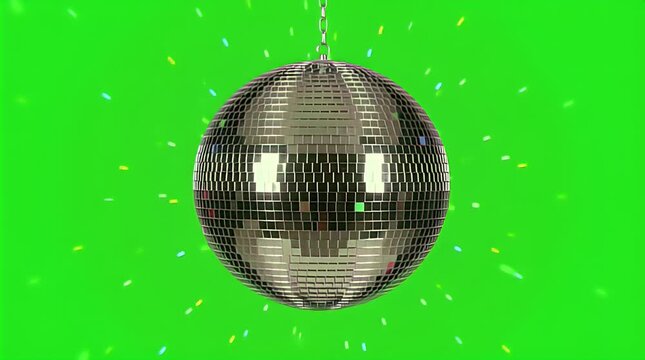 Classic mirrored disco ball hangs suspended against a vibrant green screen background with falling multicolored confetti perfect for celebrations.