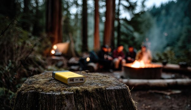 Yellow power bank rests on a tree stump near a campfire in a forest at dusk.