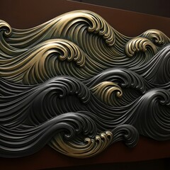 Sculpted oceanic swell, detailed black and gold wavy pattern rendering