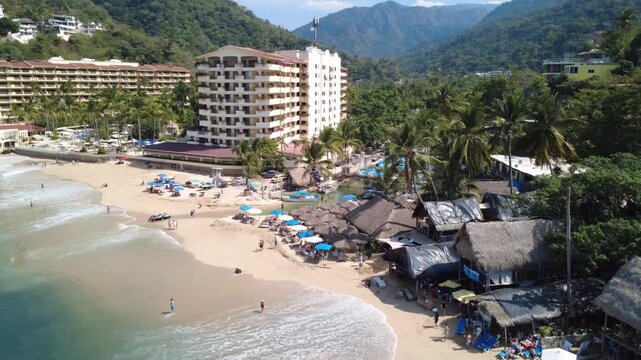 Aerial descending from Playa Mismaloya Showing Barcelo Hotel, Mexico