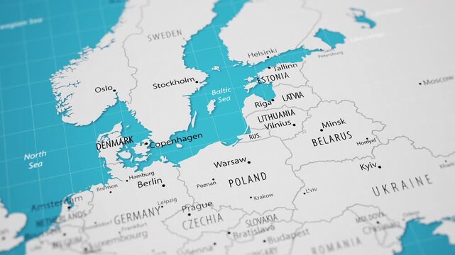 Smooth camera flyover across Northern and Eastern Europe on a detailed political world map, focusing on the Baltic Sea region. Sweden, Finland, Denmark, Estonia, Latvia, Lithuania and surrounding coun