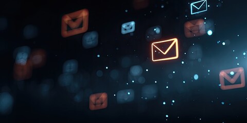 Digital communication concept with glowing email icons floating in dark space.