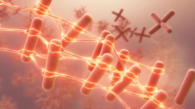 3D animation of peptides linking fibroblast cells in dermis skin layer showing molecular biology and cellular network regeneration