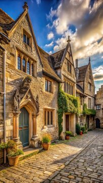 A photo of a medieval stone building with intricate gargoyles standing proudly on a cobblestone street in the charming town of Lacock, Wiltshire, Unit