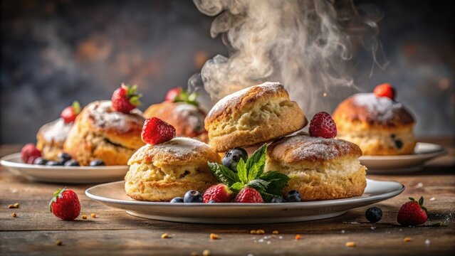 A photo of freshly baked fruit scones on a white plate with a small sprinkle of sugar, surrounded by a light haze of steam rising from the warm pastri
