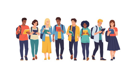 Fototapeta premium Illustration of diverse people of various ages and ethnicities holding books on Read Across America Day with a colorful design and icon-style characters.