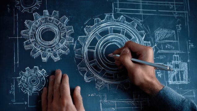 Close up of hand drawing gears on blueprint paper.