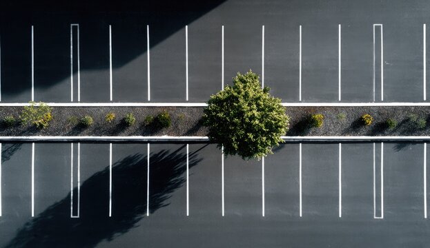 Aerial View of Empty Parking Lot with Green Tree.