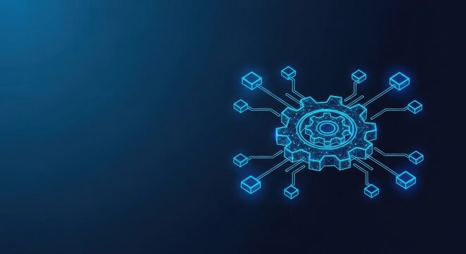 Abstract digital gear network with glowing blue circuits and data nodes, representing technology and innovation