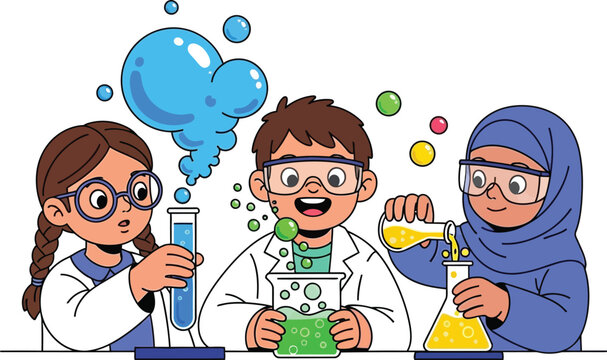 Three young cartoon scientists experimenting with colorful chemicals in a laboratory setting, wearing safety goggles and lab coats, illustration