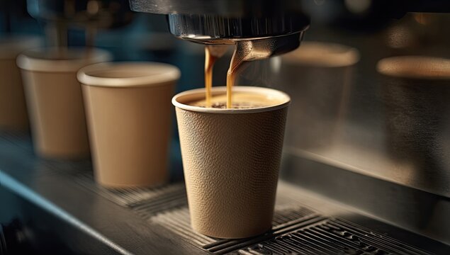 Espresso machine pouring hot coffee into a disposable cup.