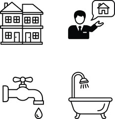 Fototapeta premium Real Estate and Home Utilities Icon Set – House, Realtor, Faucet, Bathtub, Vector Illustration
