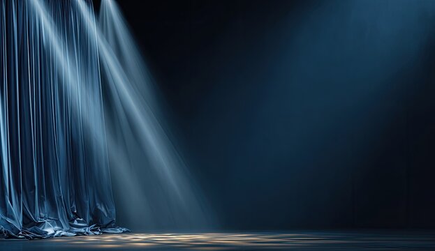 Spotlight Beams Illuminating Stage Curtains with Smoke Effects.
