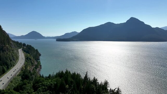 Drone Flying Along Sea to Sky Highway Above Howe Sound, British Columbia Canada