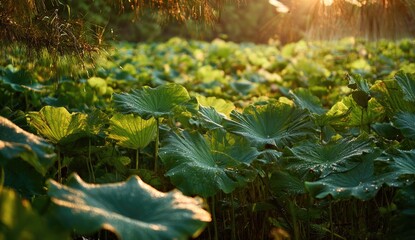 Golden Hour Sunlight Illuminates Lush Lotus Pond.