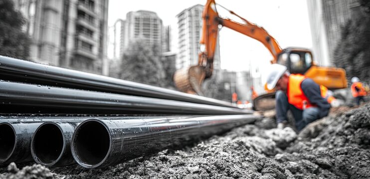 Construction site with pipes, excavator, and worker in urban setting.