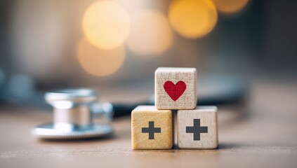 Wooden Blocks with Medical Symbols and Stethoscope.