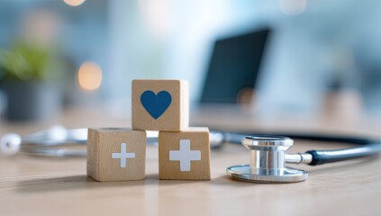 Healthcare and Medical Symbol Blocks with Stethoscope on Desk.