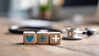 Wooden Blocks with Medical Symbols and Stethoscope on Table.