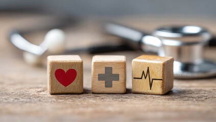 Wooden Blocks with Medical Symbols and Stethoscope on Table.