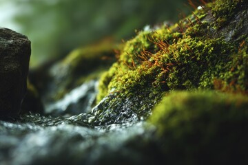 Close-up of moss-covered rocks in a flowing stream.