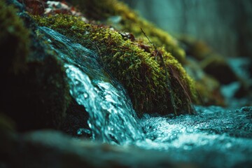 Mossy Forest Waterfall Flowing Over Rocks.
