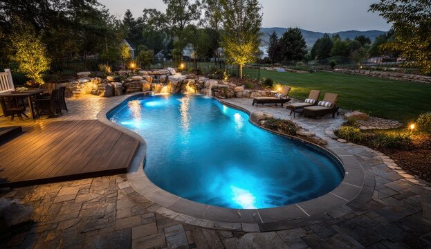 Luxury backyard oasis with illuminated swimming pool and spa at dusk.
