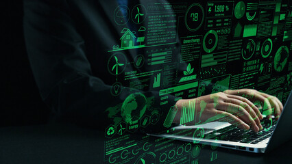 A business professional interacts with digital data on a laptop, showcasing graphs and statistics related to green energy and sustainability, highlighting innovation and analysis. Cipher © InfiniteFlow