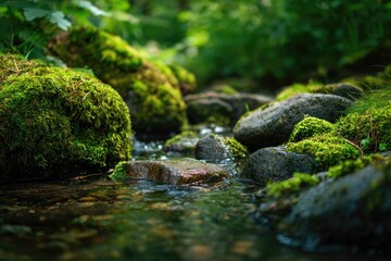 Moss Covered Rocks in a Gentle Forest Stream.